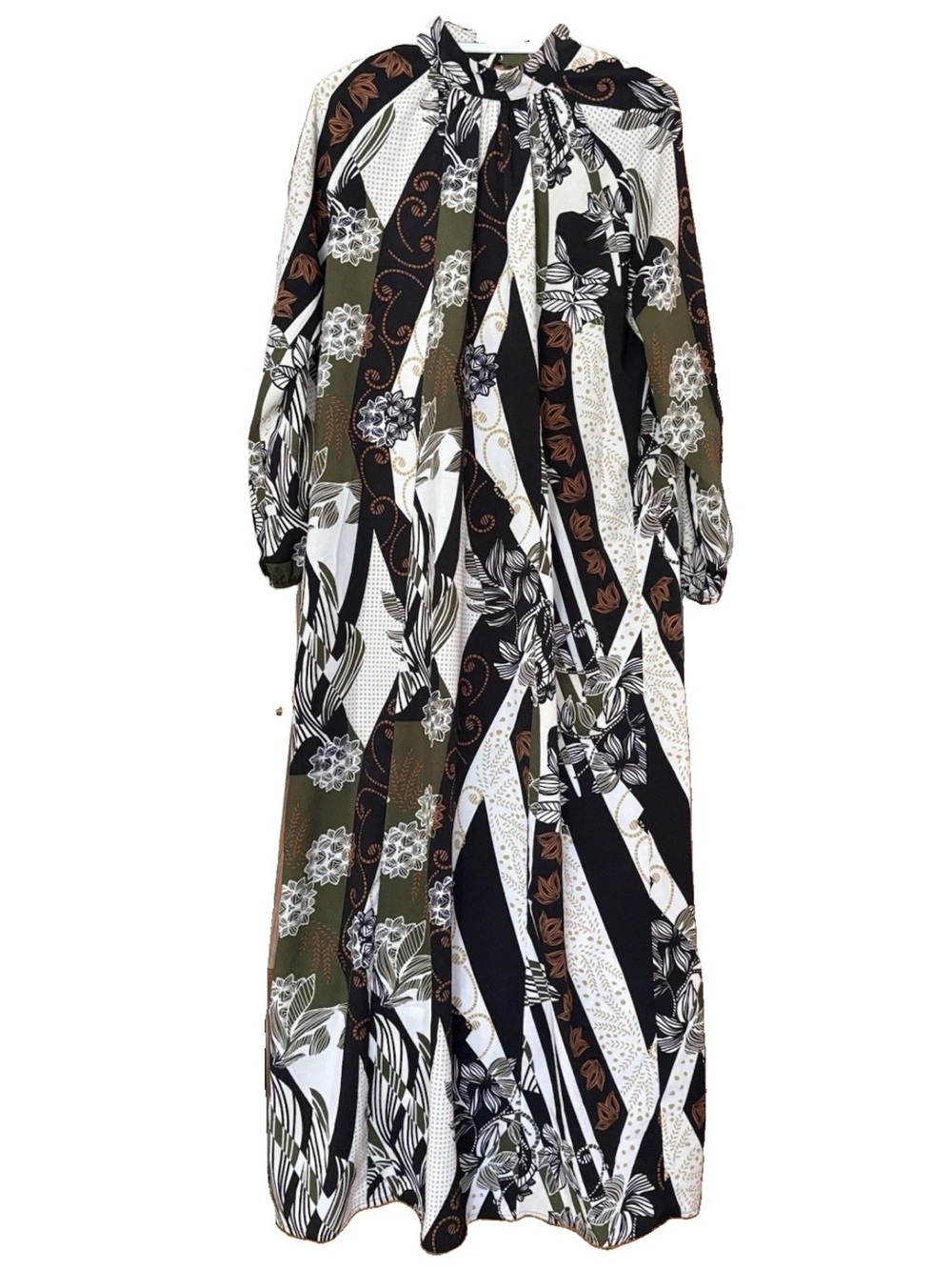 Tavin Abstract Floral Stripe Panel Maxi Dress High Neck Long Sleeve Retro Size 8